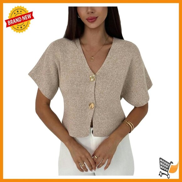 Sweaters - Women's Short Sleeve Cardigan V Neck Button Down Office Sweater